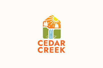 cedar creek logo in line style with house silhouette and waterfall view