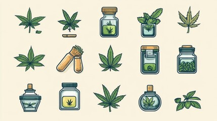 Colorful Cannabis Icons Collection for Health and Wellness Themes