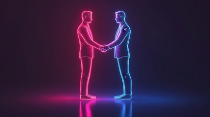 businessman shaking hands with his mirrored self, radiating modern vibes and digital style in a bright neon glow