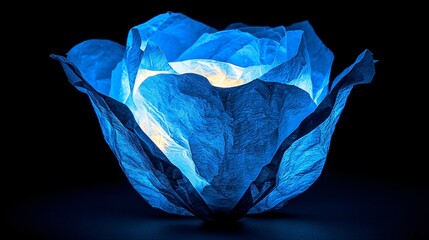 Illuminated blue paper rose, dark background, decorative lighting