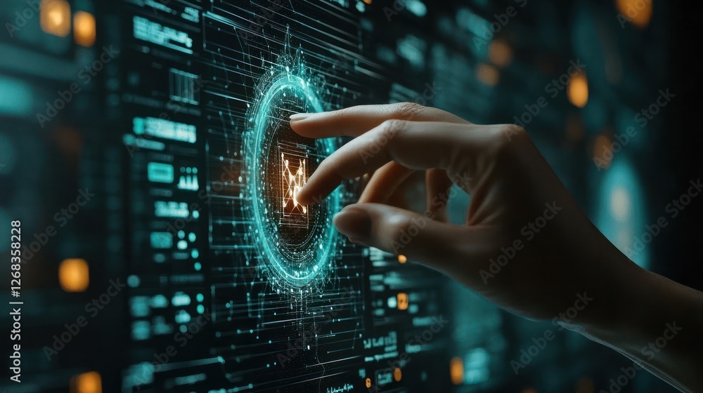 Aufkleber hand activating digital interface; futuristic background; data analysis