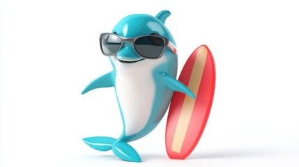 Fototapeta premium Cartoon Dolphin Wearing Sunglasses with Surfboard on White Background