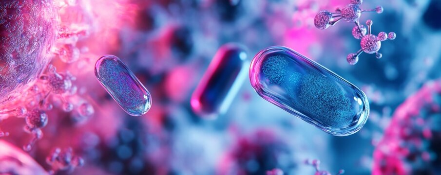 Capsules float in vibrant cell background; medical research
