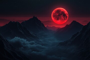 A dark and mysterious background with shadowy mountains and an ominous red moon