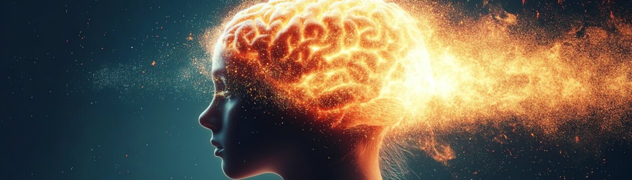 Information overload exploding from the head of a young human brain