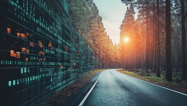 Digital Data Streams Flowing Beside a Forest Road at Sunset, Nature and Technology Merge in Scenic Drive