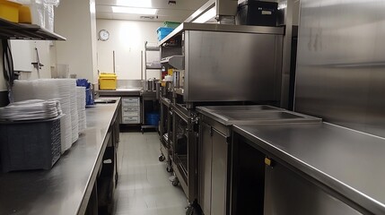 Stainless steel commercial kitchen interior with equipment and supplies.