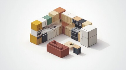 Isometric kitchen design, living room furniture, home interior