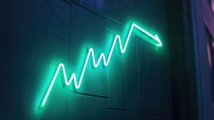 Naklejka premium Bitcoin's value growing, illustrated with a glowing green line graph pointing towards the top right, symbolizing financial success.