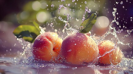 Juicy peaches splashing in water, summer background, food photography