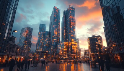 Fototapeta premium Stunning cityscape of Deansgate Manchester, showcasing modern apartment buildings, highrise urban architecture, glass facades, lively downtown atmosphere, photorealistic 8K render