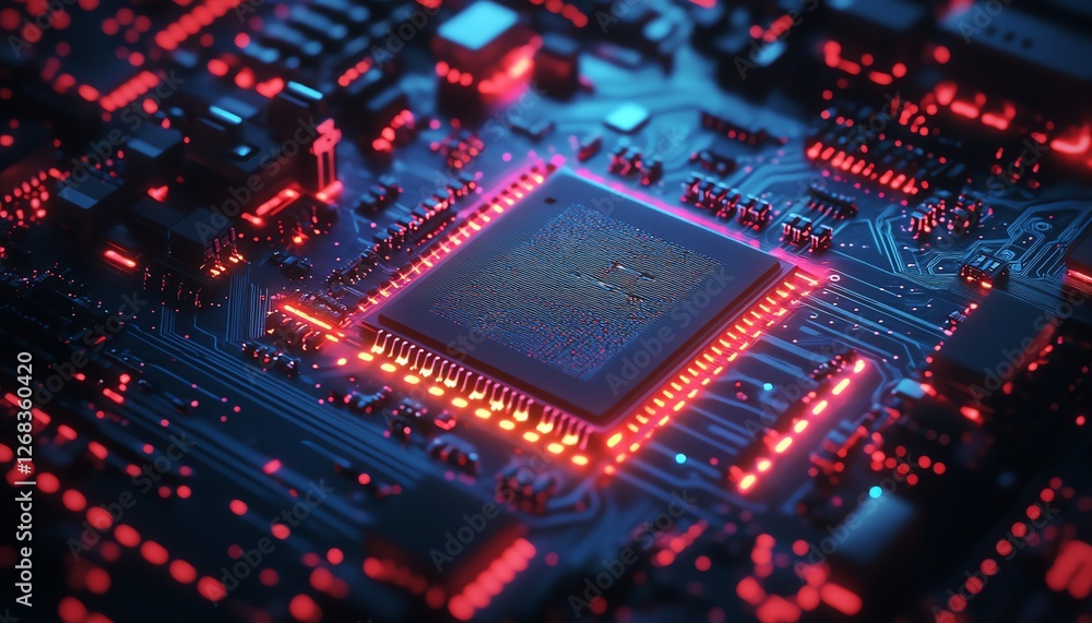 Aufkleber tiny robotic workers fixing an enormous microprocessor, circuit board illuminated with neon blue and