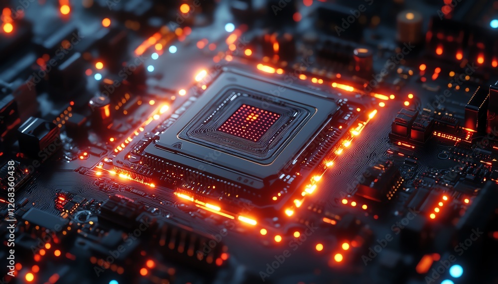 Aufkleber tiny robotic workers fixing an enormous microprocessor, circuit board illuminated with neon blue and