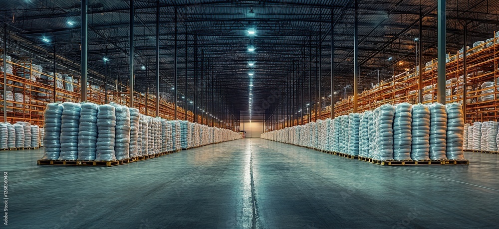 Poster vast warehouse inventory: rows of products stacked high on pallets, efficient storage system in a la