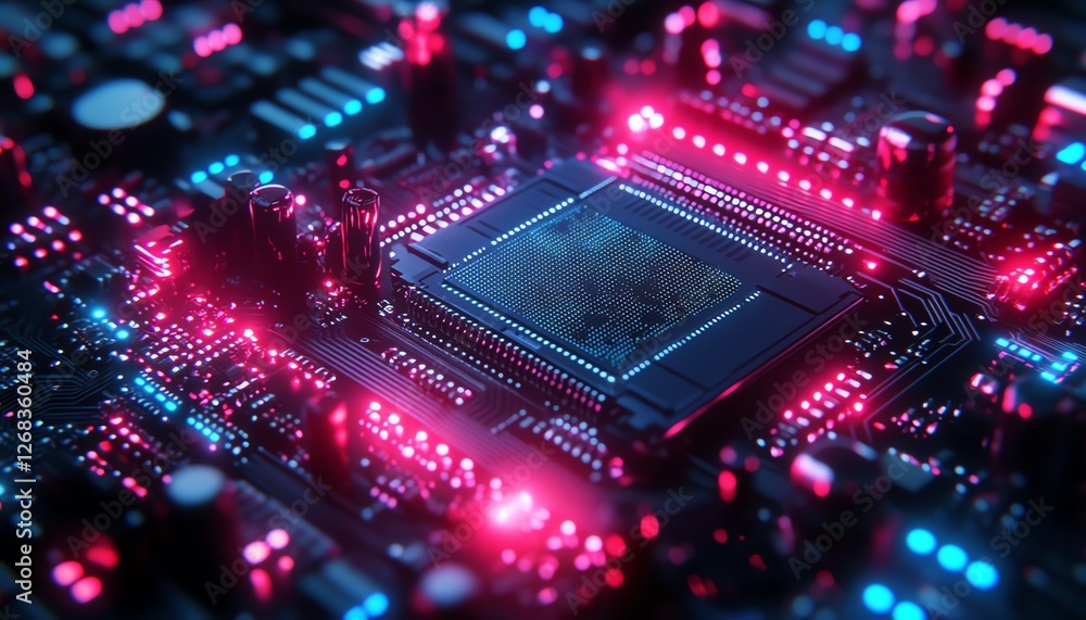 Poster tiny robotic workers fixing an enormous microprocessor, circuit board illuminated with neon blue and