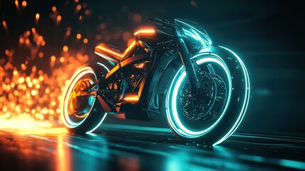 Fototapeta premium Futuristic neon motorcycle speeding on dark road.