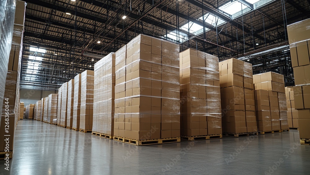 Poster warehouse inventory: cardboard boxes stacked on pallets efficiently stored inside a large distributi