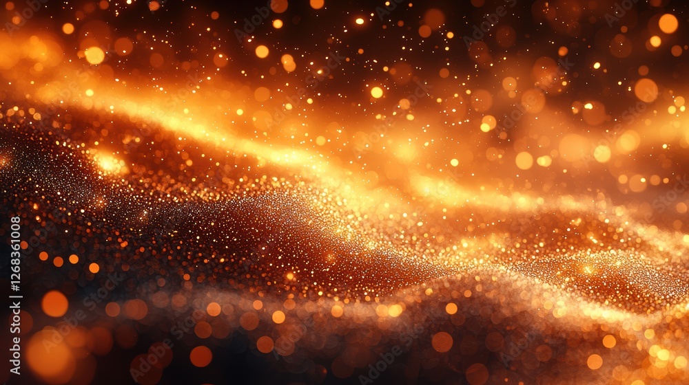 Poster abstract shimmering waves of orange and gold particles creating a mystical effect.