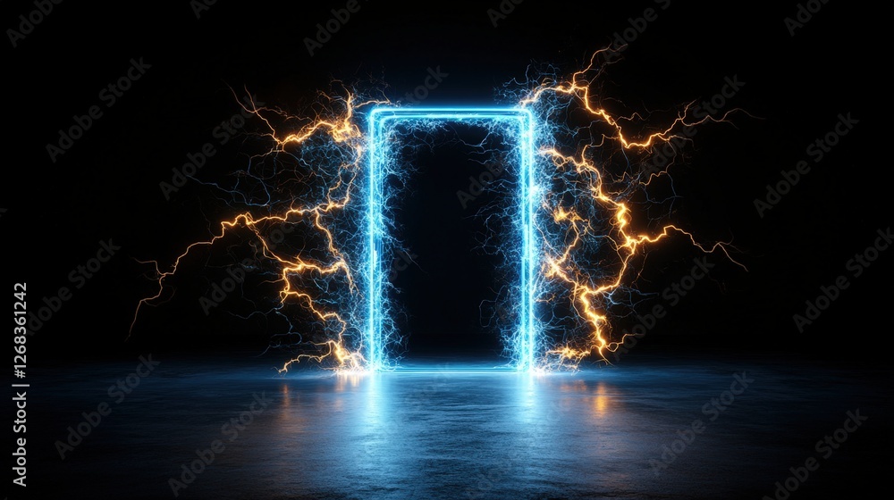 Poster mysterious open doorway with glowing blue light and lightning effect illuminating the surrounding ar