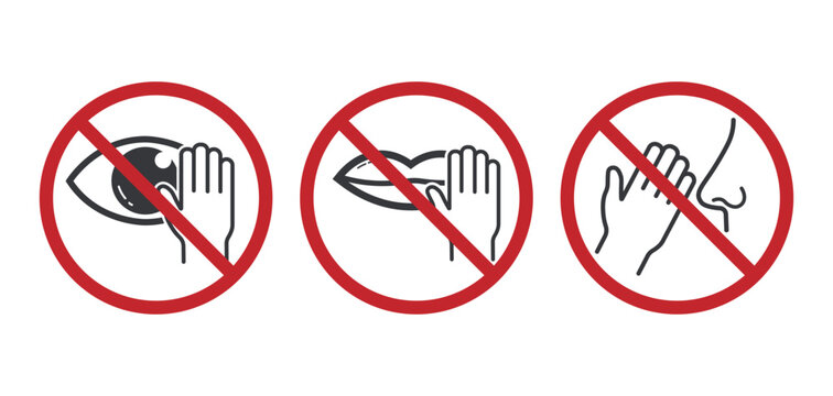 Bundle set isolated prohibition sign : do not touch face, eyes, mouth and nose, bacteria and virus prevention