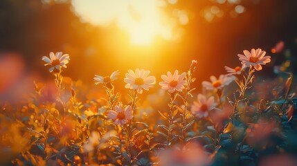 Sunlit Wildflowers in a Vibrant Field at Sunset Hour
