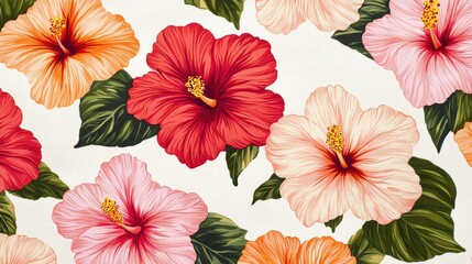 Vibrant Hibiscus Flowers Pattern with Colorful Blooms and Lush Green Foliage on Light Background