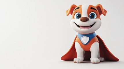 Cute cartoon puppy character wearing a superhero cape and smiling