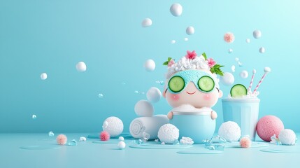 A cheerful 3D character enjoying a spa , relaxing with a face mask and cucumber slices on their eyes, surrounded by soft symbols of tranquility. The image is serene,