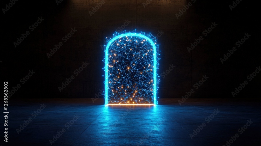 Poster mysterious open doorway illuminated by blue light creating an intriguing atmosphere in a dark settin