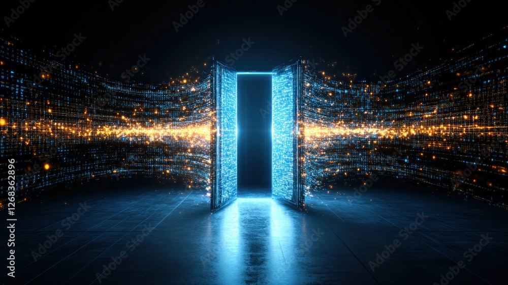 Poster mysterious glowing open doorway in a room with an inviting atmosphere and intriguing lighting effect