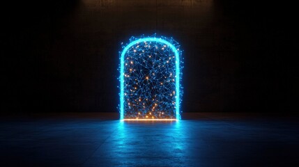 Fototapeta premium Mysterious open doorway illuminated by blue light creating an intriguing atmosphere in a dark setting