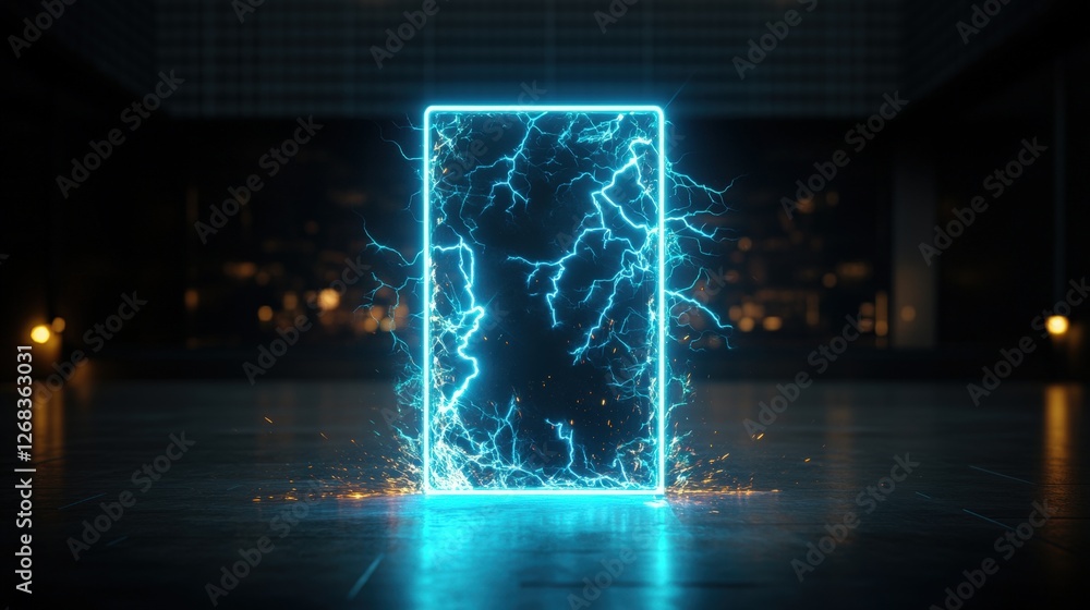 Poster phone with lightning effect next to glowing mysterious open doorway in a dark environment