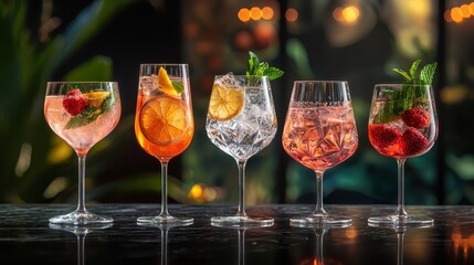 Refreshing Summer Cocktails in Elegant Glasses on Dark Table