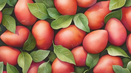 Vibrant Mangoes Surrounded by Lush Green Leaves on a Dark Background in a Textured Pattern