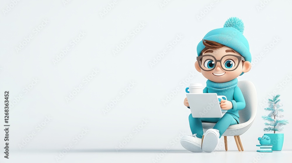 Poster a cute 3d illustration of a character enjoying a cup of coffee while browsing a minimal amount of in