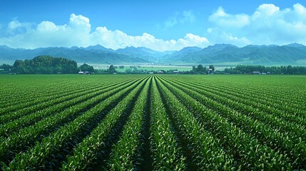 Lush green cornfield, mountain backdrop, sunny day, rural landscape, agricultural scene
