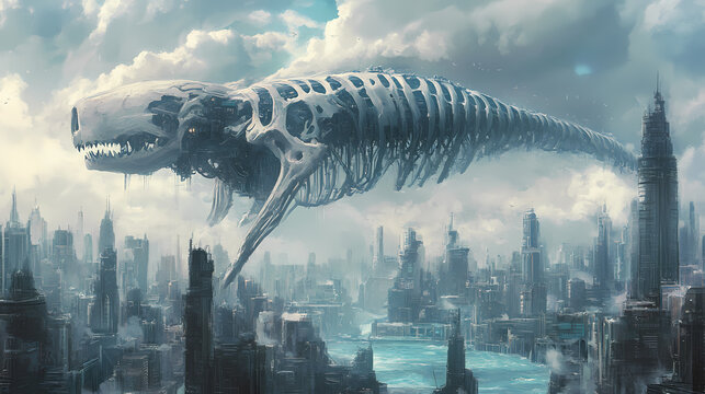 Massive skeletal leviathan floats above a futuristic coastal metropolis. Cloudborn Leviathans. Illustration