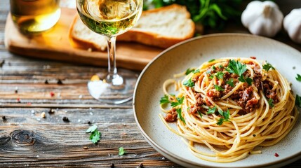 Delicious Spaghetti Bolognese with White Wine and Bread
