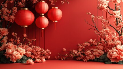 Red lanterns, cherry blossoms, festive background, Asian celebration