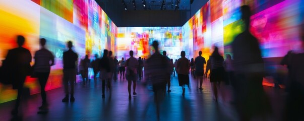 Immersive art gallery colorful projections, blurred crowd, digital art display