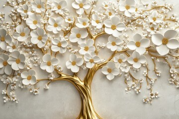 Golden tree of life mural with exquisite white flowers rendered in high-quality 3D on a minimalistic background.