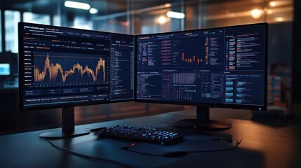 Night office, dual monitors display data, financial charts, coding background