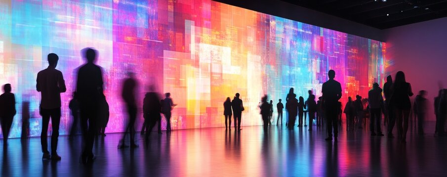 Gallery crowd views vibrant digital art