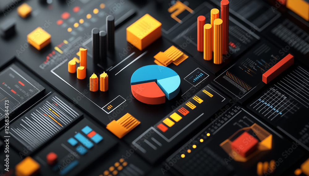 Fototapete Abstract 3D rendering of a complex data visualization dashboard with various charts and graphs
