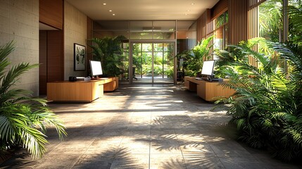 Luxurious hotel lobby, tropical plants, sunlight, tranquil ambiance, resort brochure