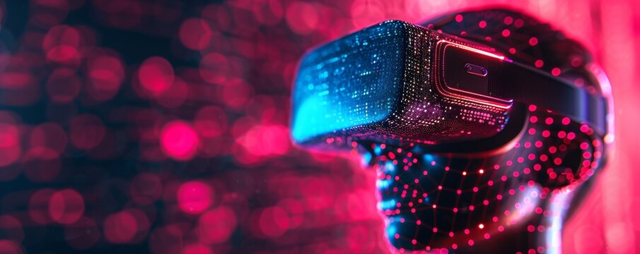 Virtual reality VR headset on neon pink and blue background with bokeh lights. Modern gaming device for esports, metaverse gaming, Christmas gift, Black Friday, Cyber Monday