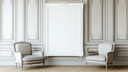 Fototapeta premium Elegant empty frame in classic room, chairs, design mockup