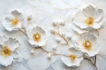 High-detail 3D wallpaper showcasing sculpted white flowers with golden accents on a pristine white marbled canvas.