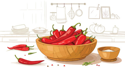 Red Chili vector design, Red Chilies in wooden bowl on table in kitchen vector design