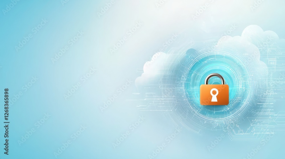 Poster enhanced cloud security, protecting your data with advanced lock and key systems on a vibrant blue b
